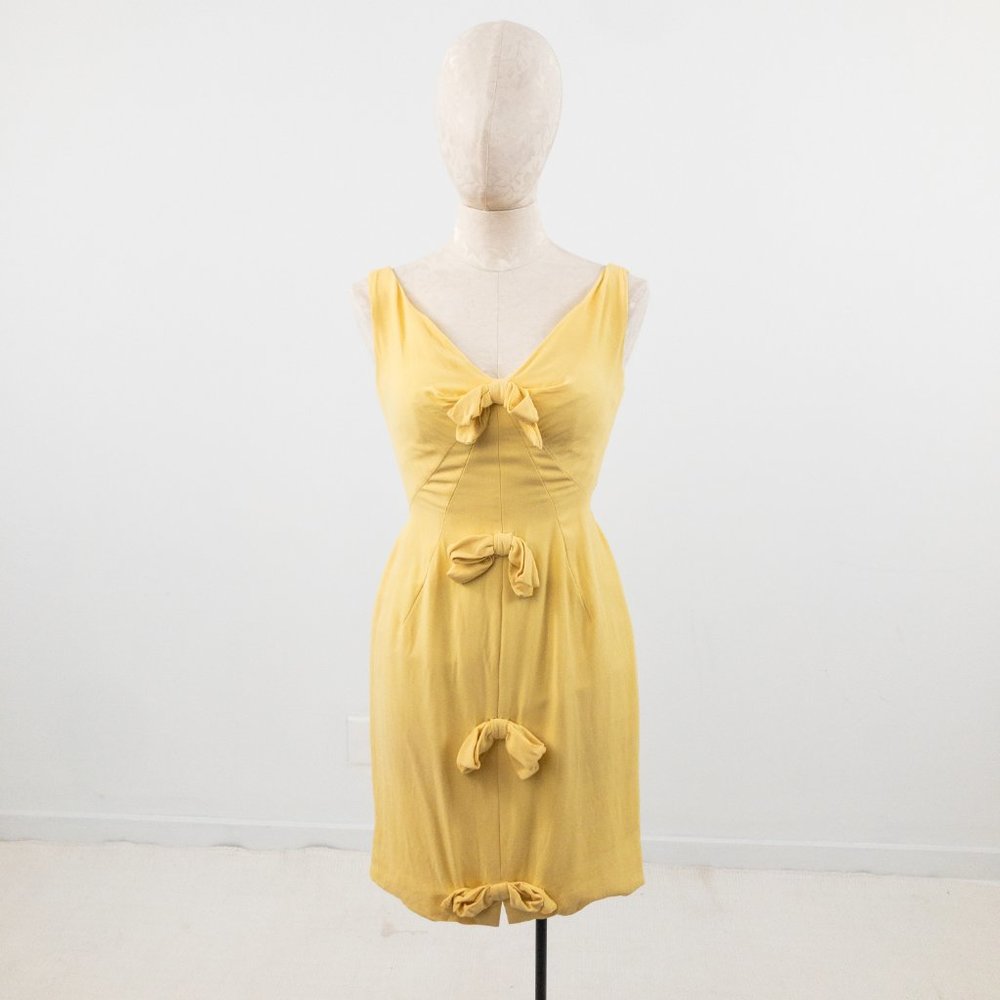 Vintage 60s V Neck Bow Front Mini Dress Yellow - Picture 2 of 9